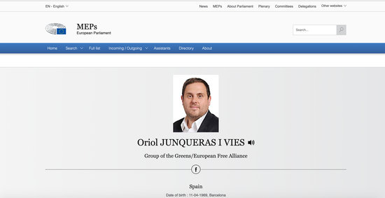 Jailed politician Oriol Junqueras is featured as an MEP on the European Parliament's website (European Parliament)